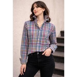 Upcycled Multicolor Checkered Button-Up Shirt Cropped with Ruffled Collar